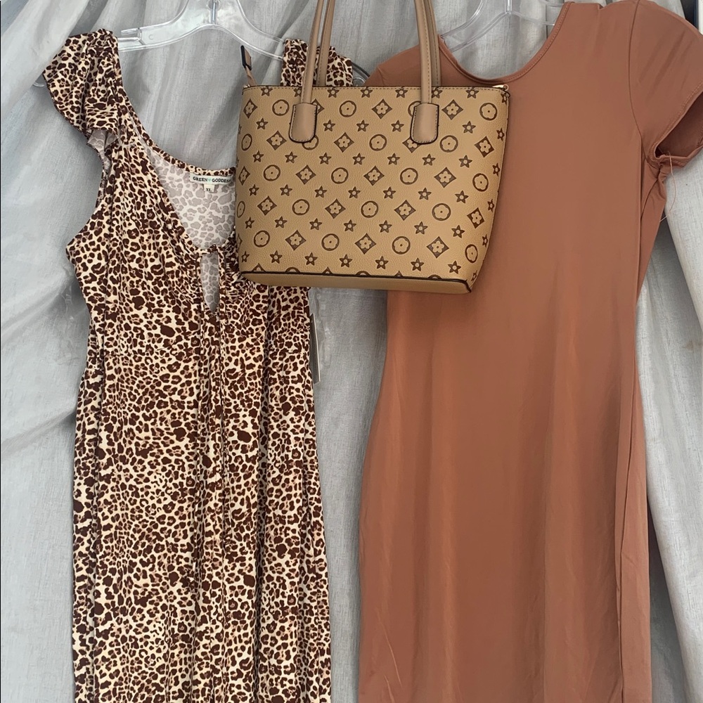 Women’s Leopard Print Tie-Front Romper & Rust Midi Dress Duo